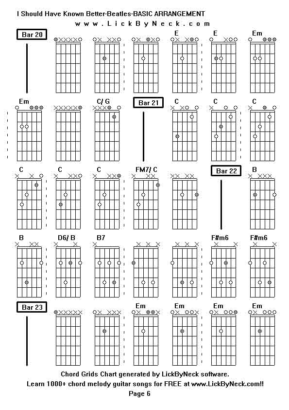 Chord Grids Chart of chord melody fingerstyle guitar song-I Should Have Known Better-Beatles-BASIC ARRANGEMENT,generated by LickByNeck software.